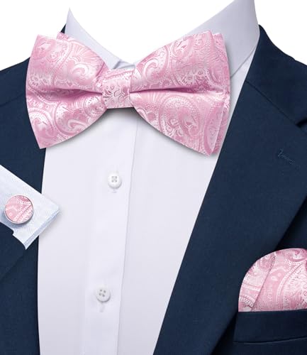 Image of Barry.Wang Paisley Striped Bow Tie for Men Silk Pre-Tied Bowtie Pocket Square Cufflinks Set Formal Wedding Party Prom