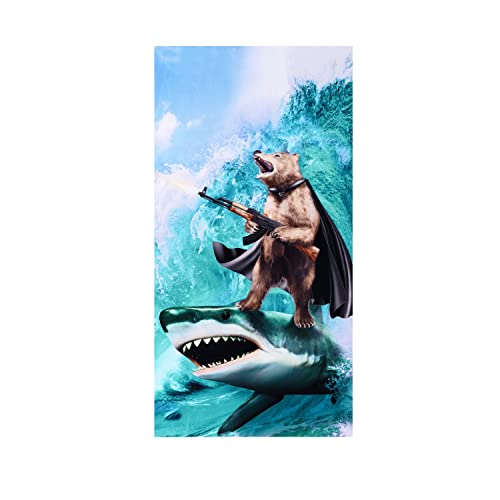 LIVILAN Funny Shark Bear Beach Towel 30 x 60 Oversized Microfiber Soft Quick Dry Sand Free Ideal for Bath Pool Travel Unique Shark & Bear Gifts for Men Boys Teens