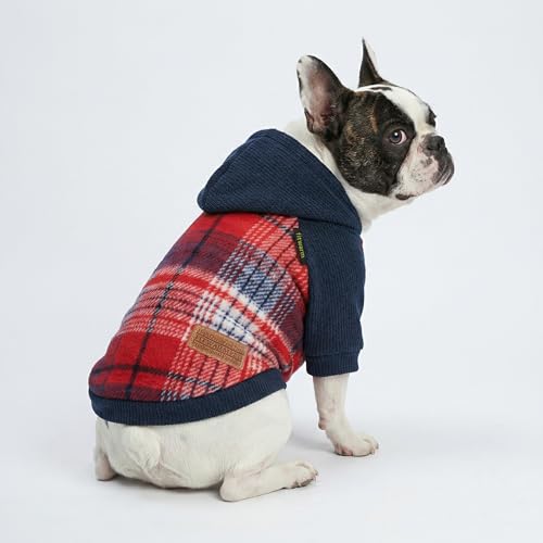 Fitwarm Tartan Plaid Dog Hoodie, Knitted Dog Clothes for Small Dogs Boy, Pet Sweater with Hood, Cat Fleece Lined Winter Outfit, Red, Navy Blue, Medium - Image 5