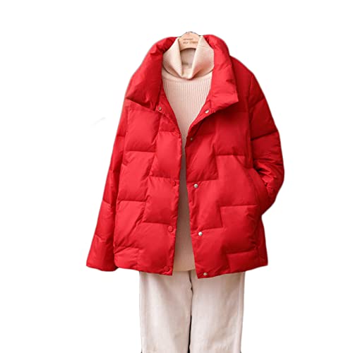 綿服 レディース コート ジャケット ダウンコート 薄手 着痩せ ポケット付き ゆったり M フェザー 赤い 厚手 ふんわり 防寒 暖かい ハイネック キルティング 気質 黒 スナップボタン シンプル おしゃれ 冬 通勤 通学 学生