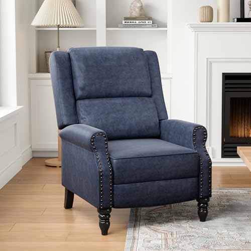Image of Leather Recliner Chair, Pushback Recliner Chair with Adjustable Backrest Footrest, Mid Modern Reclining with Overstuffed Arms Lumbar Support for Reading, Living Room, Blue