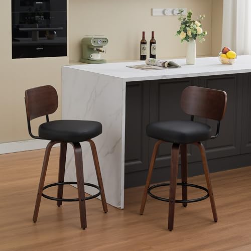 KEKI Swivel Bar Stools Set of 2, 26" Upholstered Faux Leather Counter Height Barstools with Walnut Back & Bentwood Legs, Mid Century Modern Bar Chairs Island Stools for Kitchen Counter, Black PU by KEIKI - Used condition - Image 4