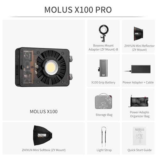 Image of ZHIYUN MOLUS X100 PRO V2 Upgraded Version LED Video Light, Portable 100W 2700K-6500K CRI 95+ TLCI 97+ Bluetooth Brightness Control Continuous Output Lighting for Photography Studio Light