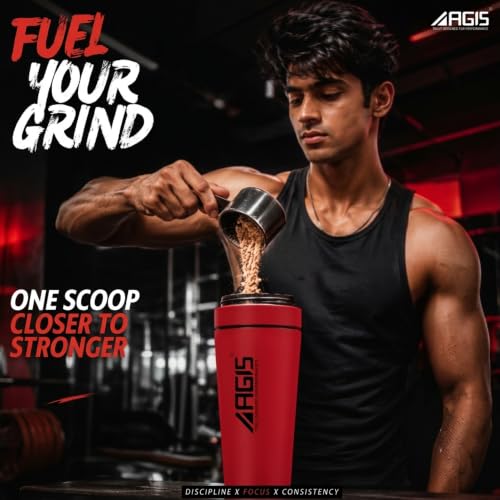 Image of AGIS Steel Shaker Stainless Steel 700ml Leakproof Shaker Bottle with Measurement Marking, Perfect for Fitness Enthusiast & Athletes, Ideal for Mixing Protein Shakes & Pre-Workout Formula (Red)