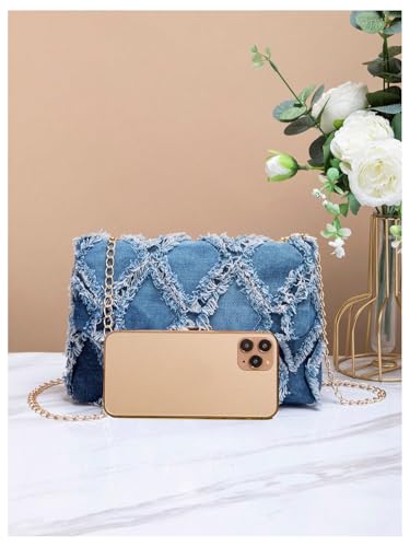 QWINEE Women's Distressed Denim Crossbody Bag Twist Lock Quilted Handbag Mini Jean Purse with Chain Strap2