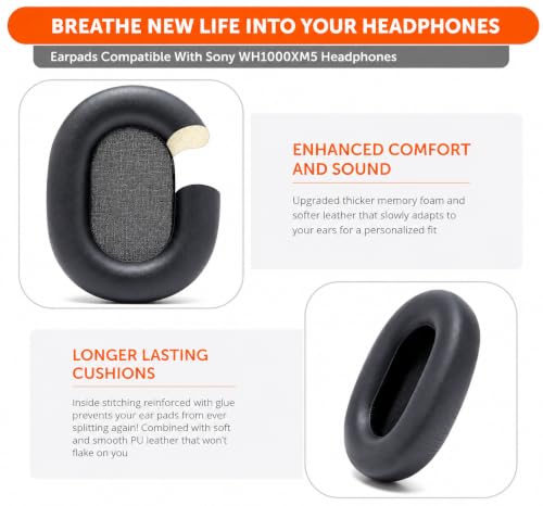 Image of Mizi Replacement Earpads Compatible with Sony WH-1000XM5 (WH1000XM5) Noise Cancelling Headphones, Premium Protein Leather Ear Cushions with Thick Memory Foam, Noise Isolation, Comfort - Black
