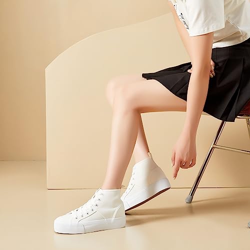 Women High Top Sneakers White Platform Sneakers,Canvas High Tops Fashion Shoes For Walking,Black Casual Lace Up Tennis Shoes(Comfortable,Breathable,Stylish)(White,Us7) #TOP7