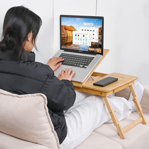 Miniatura 4 de Vasmia Mesa Plegable De Bambú Para Cama Y Sofá, Bandeja De Desayuno, Con Patas Plegables, Altura Regulable, Estante De Cama, Plegable, Natural