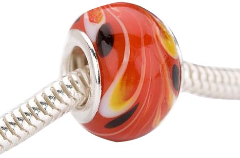 Beadaholique Murano Style Glass Lampwork Pandora Compatible Beads, 13mm, Red Flame Swirl