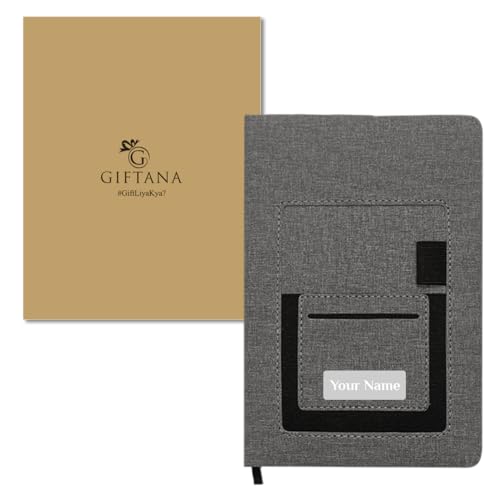 Image of Giftana Personalized Diary with Name, Customized Jute Pu Leather Pocket Diary, A5 Size, 192 Ruled Pages Office Diaries for Writing, New Year Corporate Gifts for Employee (Grey)