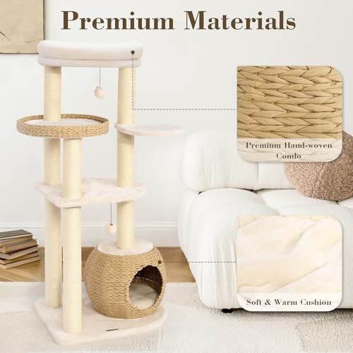 Image of KAMABOKO Modern Cat Tree, 53 inch Tall Cat Trees for Indoor Cats, Cat Condo Natural Sisal with Scratching Posts, Hand-Woven Tower & Top Perch, Cat-Tree for Kittens Climb Play & Rest
