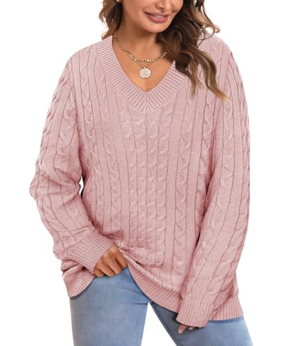 Image of CARCOS Plus Size Sweaters for Curvy Women Long Sleeve Cable V Neck Sweater Knit Pullover Preppy Style Fall Winter XL-5XL