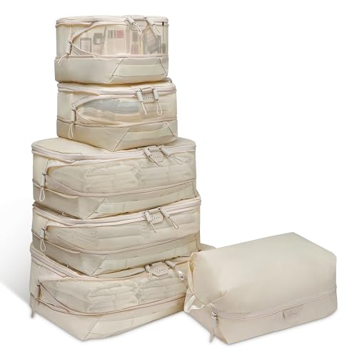 6 Set Compression Packing Cubes for Travel Women & Men, Suitcase Organizer Bags Set, Travel Organizer Bags with Double Zipper, Space-Saving Luggage Storage for Suitcase