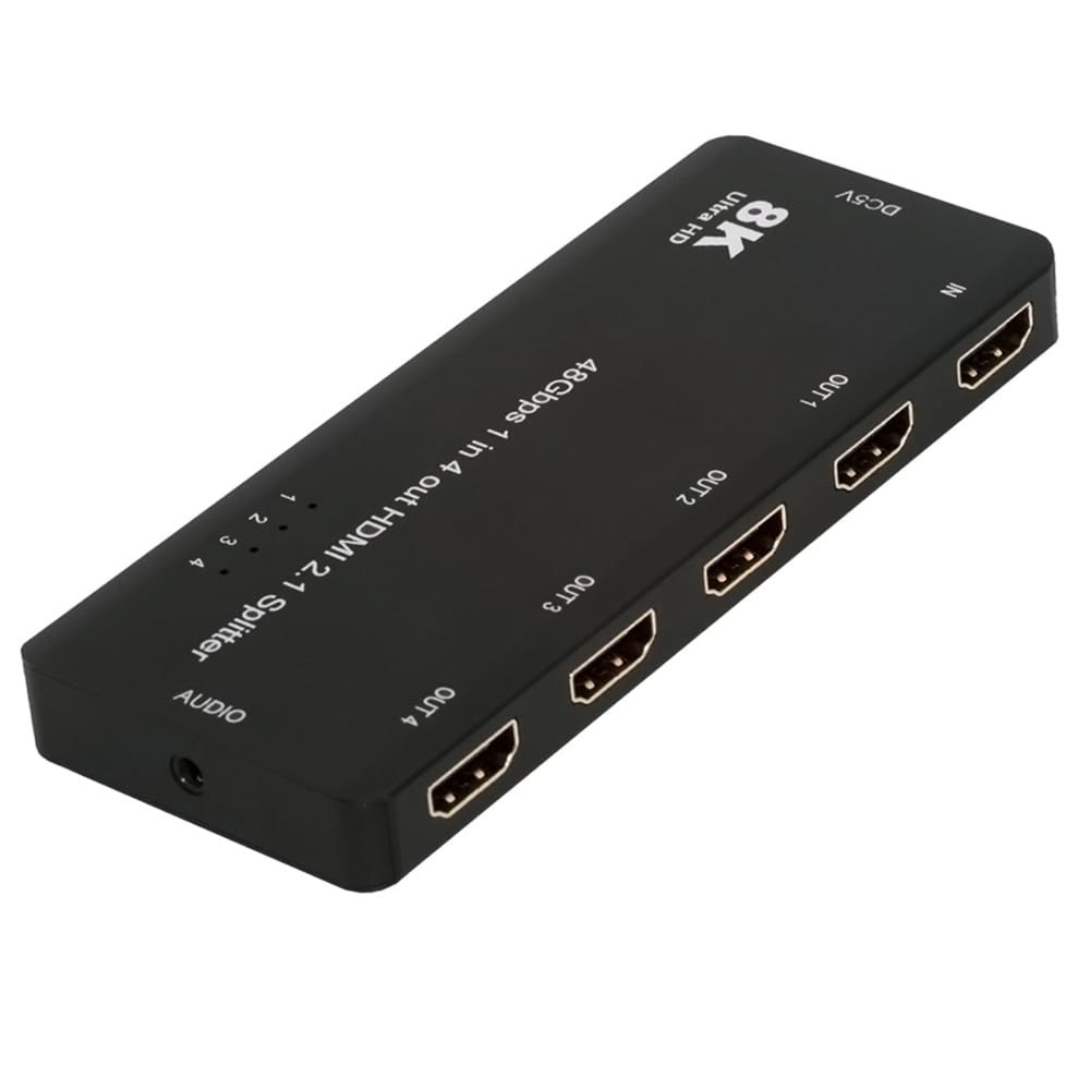 Répartiteur HDMI 2.1 Cablecc 4 Ports 8K à 60 Hz et 4K à 120 Hz : distribue 1 entrée/Signal vers 4 Sorties/écrans, Prend en Charge la Connexion HDCP Stack avec Audio 3,5 mm pour PS5