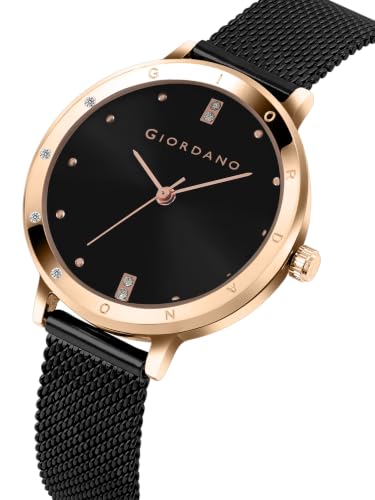 Image of Giordano Analog Quartz Watch for Women with Round Dial, Two-Hand Display, Crystal-Studded Hour Markers and Bezel and Stainless Steel Mesh Strap - A2085