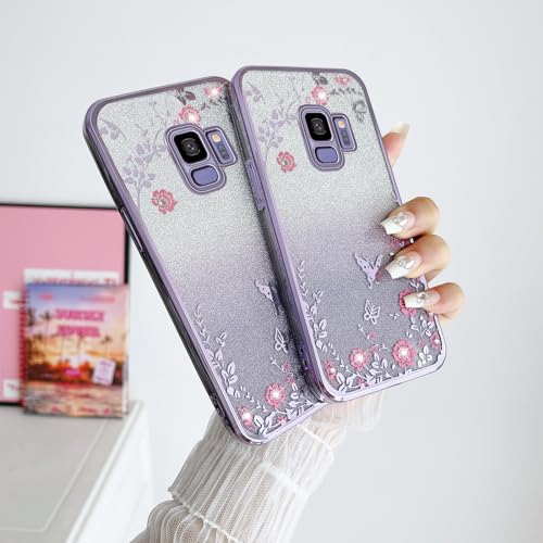 Image of Galaxy S9 Case, Gradual Change Glitter Crystal Soft TPU Stylish Butterfly Floral Heart Clear Protective Cover with Strap (Purple)