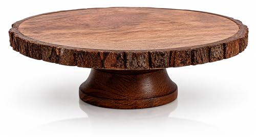 Wooden Cake Dessert Display Stand Cupcake Holder Snack Serving Dish Food Tray Platter Pedestal Cheese Board For Table, Birthday Wedding Parties, Rustic Farmhouse With Natural Bark Edges, 12 Inch Round