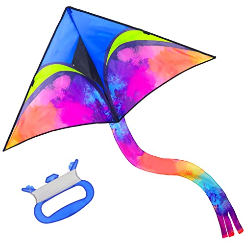 Anpro Large Delta Kite for Kids Adults - 56 inch Wide and 84 Inch Long– 100 ft String Kites Easy to Fly, Assemble, Launch for Beginners, with Colorful Colors Tail