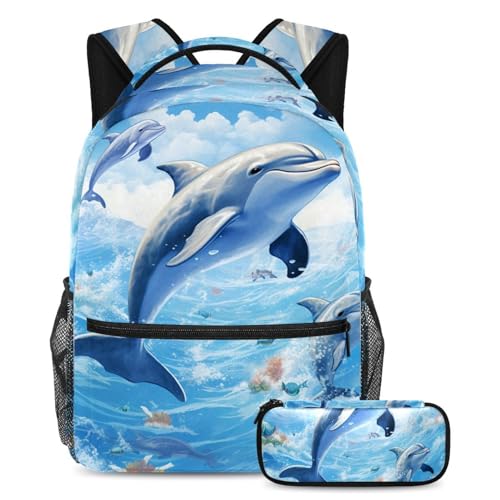 Sac à dos motif baleine bleu avec sa trousse assortie pour rêver en classe