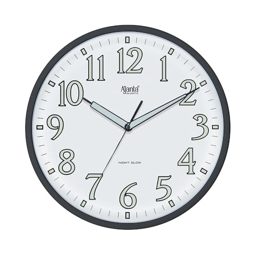 Image of Ajanta 12 Inches Silent Sweep Radium Wall Clock - Night Glow, Radium Dial - 30x30 cm, (Dom Black)