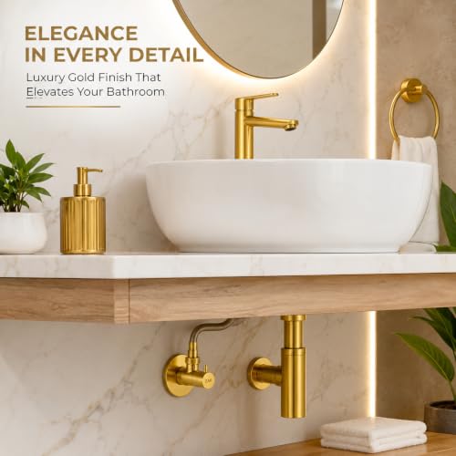 Image of ZAP Bathroom Angle Valve Pack of 6 | 100% Brass Angle Cock with Wall Flange | Gold Finish Stop Valve for Basin Tap, Geyser, Health Faucet & Jet Spray | Rust & Corrosion Resistant