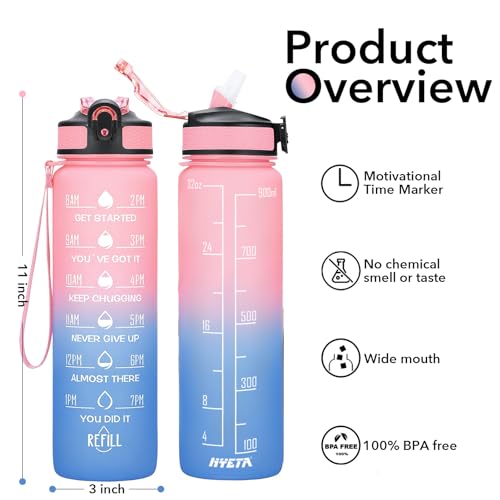 Image of HYETA 32 OZ Water Bottle with Times to Drink and Straw, Motivational Time Marker Water Bottles with Strap, Leakproof & BPA Free, 1 Liter Reusable Sports Water Bottle for Fitness, Gym & Outdoors, Pink-Blue