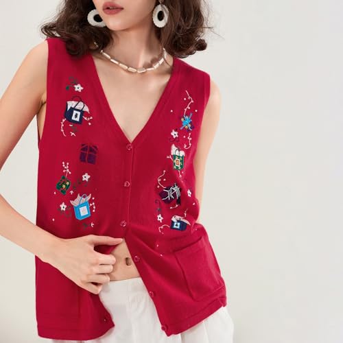 Image of KMBANGI Women Christmas Button Sweater Vest Embroidery Sleeveless Cardigan