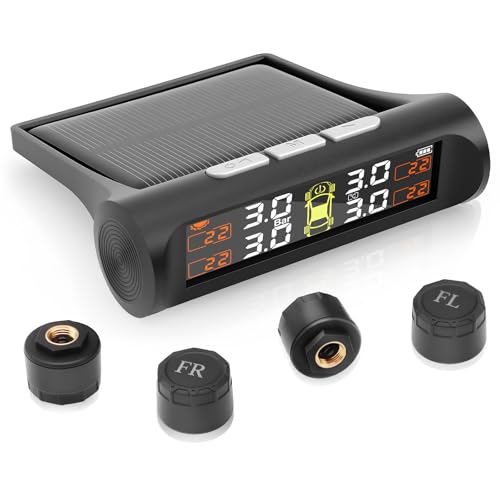 Avutrel TPMS Reifendruck-Überwachung mit Solar/USB, Fahrzeug & Temperaturalarm, Auto EIN/Aus für Wohnmobile, SUV, Limousinen, MPV, 4 Externe Sensoren (3.5bar)