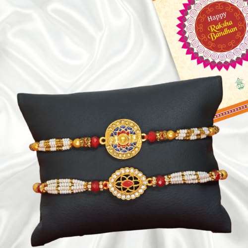 Image of Canton 2 Rakhii Combo With Chocolate For Brother | Designer Rakhii With Chocolate Gift Hamper, Roli Tilak & Greeting Card (Design-1)