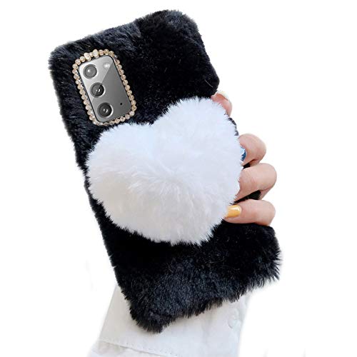 JOIUXNER Cute Plush Case for Samsung Galaxy S24 5G,Furry 3D Love Heart Soft Fluffy Fuzzy Winter Warm Girls Women Case Faux Fur Hair Bling Glitter Diamond Silicone Cover,Black + White