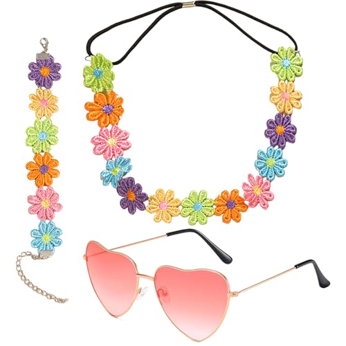 SSKHE Conjunto de 3 disfarces hippie dos anos 60 e 70, acessórios para disfarce hippie, colar, margaridas, girassóis, bandana, acessórios hippie, acessórios para festas