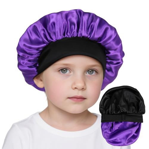 Kids Bonnets for Girls Silk Bonnet for Kids Double Layer Satin Bonnet Adjustable Toddler Sleep Cap（Black and Purple）
