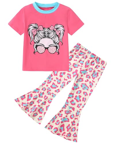 Image of CARETOO Girls Summer Outfit Poster Girl Matching Sister 2pcs Sets Printed t-Shirt + Flare Leg Pants For 3-10 Years