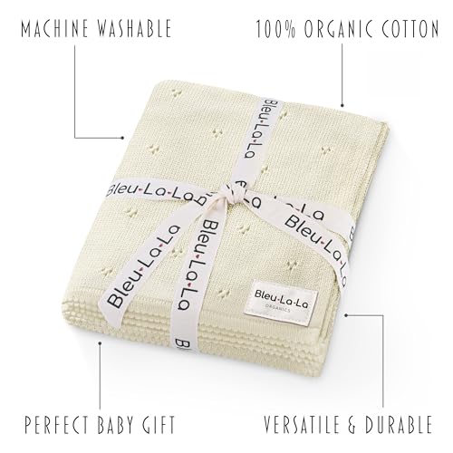 Image of 100% Luxury Organic Cotton Pointelle Knit Baby Blanket - Refined Lightweight Heirloom Nursery Essential (Pointelle - Butter Cream)