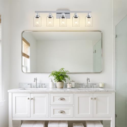 Image of DIKADIA 5-Light Chrome Bathroom Vanity Light Over Mirror 30 inch Bathroom Light | Polished Chrome,Modern Vanity Lighting Fixture,Farmhouse Wall Sconces with Clear Glass Shade,Wall Light Over Mirror Sink