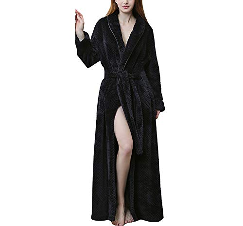 SAPJON Pajamas Womens Flannel Long Robes Warm Fleece Housecoats Solid Bathrobes Winter Nightgown Full Length Sleepwear Black
