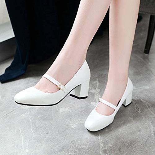 VOKLIN Women's Retro Square Toe Mary Jane Pump Oxford Leather Buckle Strap Chunky Block Mid Heel Dress Shoes3