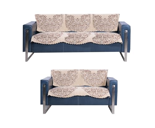 Image of Premium Chenille Woven Anti-Slip 3 Seater + 2 Seater Sofa Cover | L-Shape Sofa Seat Protector for Living Room | Durable & Stylish Slipcover - Beige - Phoolkari