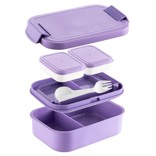 Image of YELONA Lunch Box for Office & Kids 1900ML | Double Layer Leakproof Bento Box with 5 Compartments | Microwave Safe, Built-in Spoon & Fork, BPA Free Tiffin Box - Purple