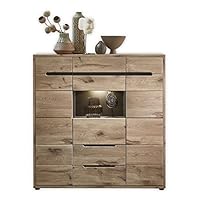 Stella Trading BELLANO Highboard in Viking Eiche Optik, Graphit - Moderner Wohnzimmerschrank mit Schubladen und LED-Beleuchtung - 125 x 128 x 38 cm (B/H/T)