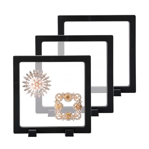 CAIYA 3 Pièces Vitrine Flottante, 3D Cadre Transparent pour Pièces de Monnaie, Présentoir de pièces de défi avec Socle, pour médaillon AA, Antique, Bijoux, épingle, Pierres, Timbre Spécimen (Noir)