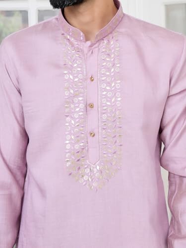 Image of See Designs Men's Full Sleeve Mandarin Collar Sequins Embroidered Chanderi Straight Long Kurta with Yoke Design - Festive Collection