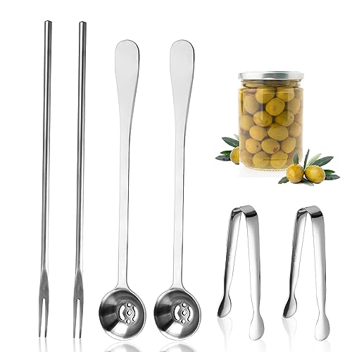 6 Pieces Long Handle Pickle Fork Olive Spoon with Drain
