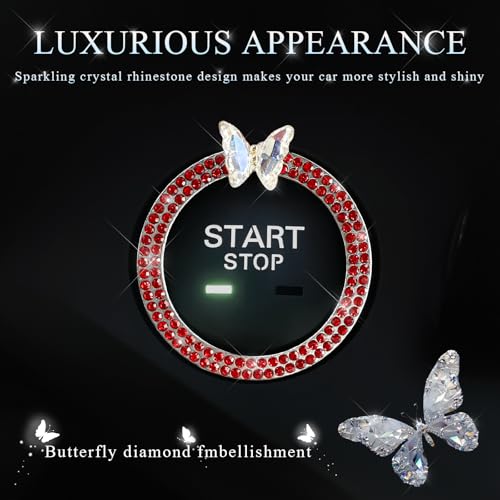 Image of DXNQ Bling Ring Emblem, Sparkling Butterfly Car Buttons and Knobs Ring, Girly Butterfly Diamond Car Engine Start Button Cover, Key Ignition Knob Rings Decoration for Women (Red, Double Row)