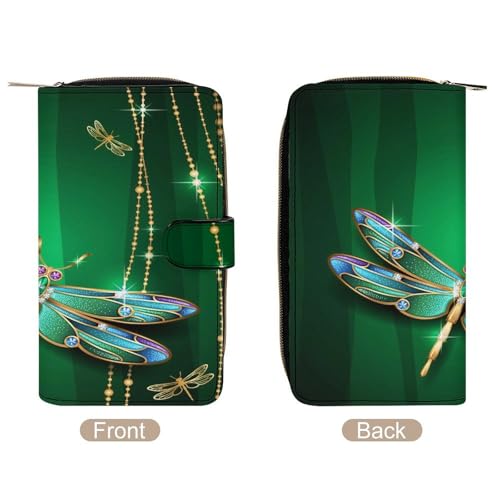 Nugier Women Soft PU Leather Wallet, Zipper Card Case Clutch Credit Bills Money Crash Coin 7.8x4.3x1.4 in Holder Purse Print Green Style Dragonfly Glaring Stars4