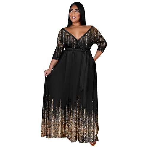 Image of Nmoder Plus Size Maxi Dress for Women - Summer Casual 3 /4 Sleeve Floral Flowy Long Dress with Belt XL- 6XL