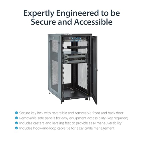 Image of StarTech 24U 4-Post Server Cabinet, 29in Deep, 992lb, Shelf (RK2433BKM) | 19in enclosed steel rack, Adjustable depth 1.8in-29in, Lockable mesh doors, Ships assembled, Casters, 450kg