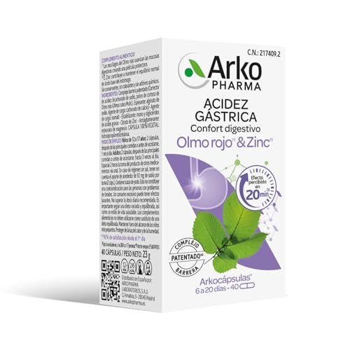 Arkopharma Arkocápsulas Acidez Gástrica 40 Cápsulas, Contra el Reflujo y la Acidez, Efecto Rápido, Olmo Rojo y Zinc, Complemento Alimenticio