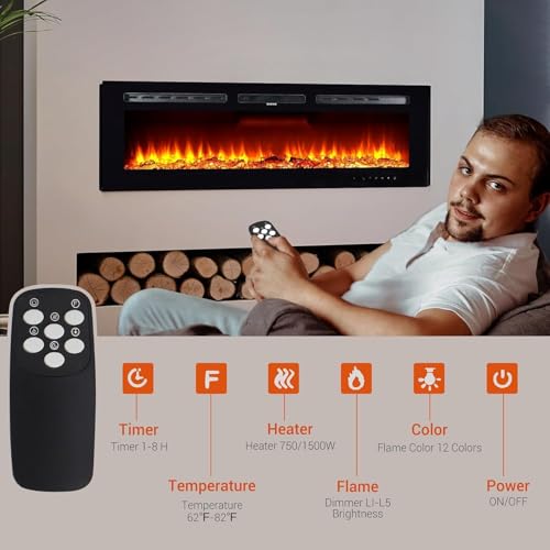 50" Electric Fireplace, Recessed and Wall Mounted Fire Place with Ultra-Thin Linear Fireplace Heater 750/1500w with Realistic Flame,Smart WiFi Infrared Linear &12 LED Flame Colors - Image 4