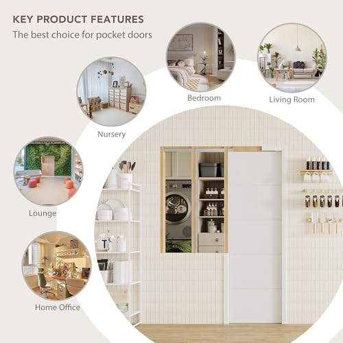 Image of 56 inch x 80 inch Pocket Door with Frame & Track Kit, 5-Panel Textured Sliding Interior Pocket Door, Soft Close Hardware, Lightweight Waterproof PVC Pocket Doors